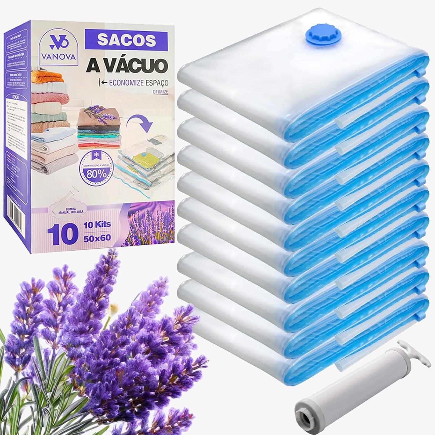 Kit 10 Sacos a Vácuo com Aroma Lavanda 50x60cm + Bomba | Sacos a Vacuo para Mala, Organizador de Mala, Saco a Vacuo para Viagem e Guarda-Roupa