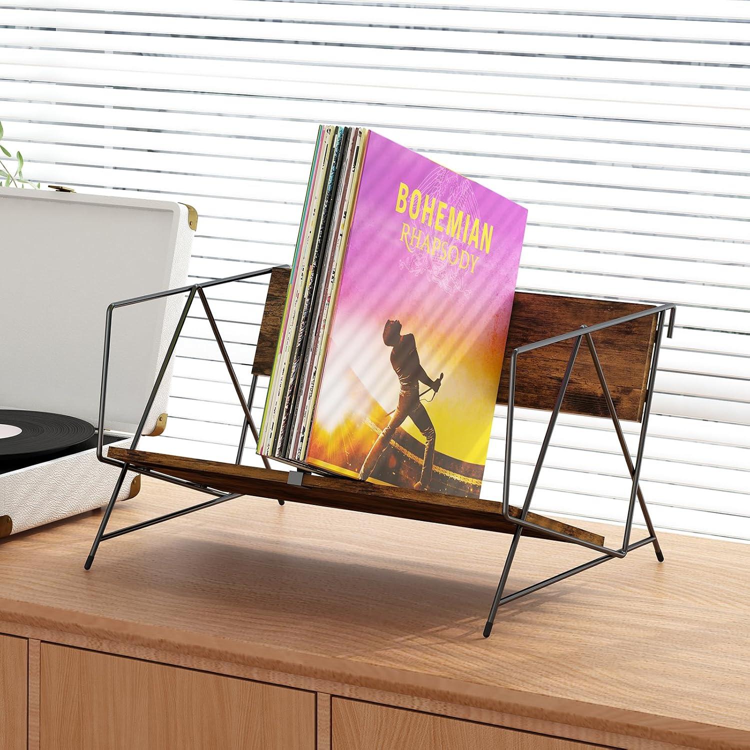 Suporte para Discos de Vinil, Estante Madeira e Metal Capacidade para 80 LP Vinis, Porta Multiuso para Livros, CD e DVD, Modelo Rústico Industrial para Sala, Escritório e Cantinho Musical