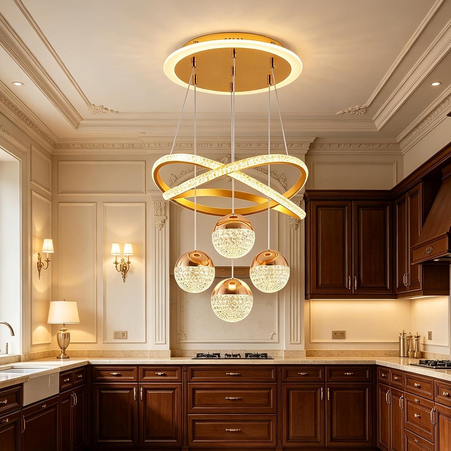 Lustre Pendente para Sala e Quarto | Luminaria Pendente Sala Jantar LED Lustre Linear Contemporâneo 4 Luzes, Metal com Dimerização e 3 Temperaturas de Cor (Ouro)