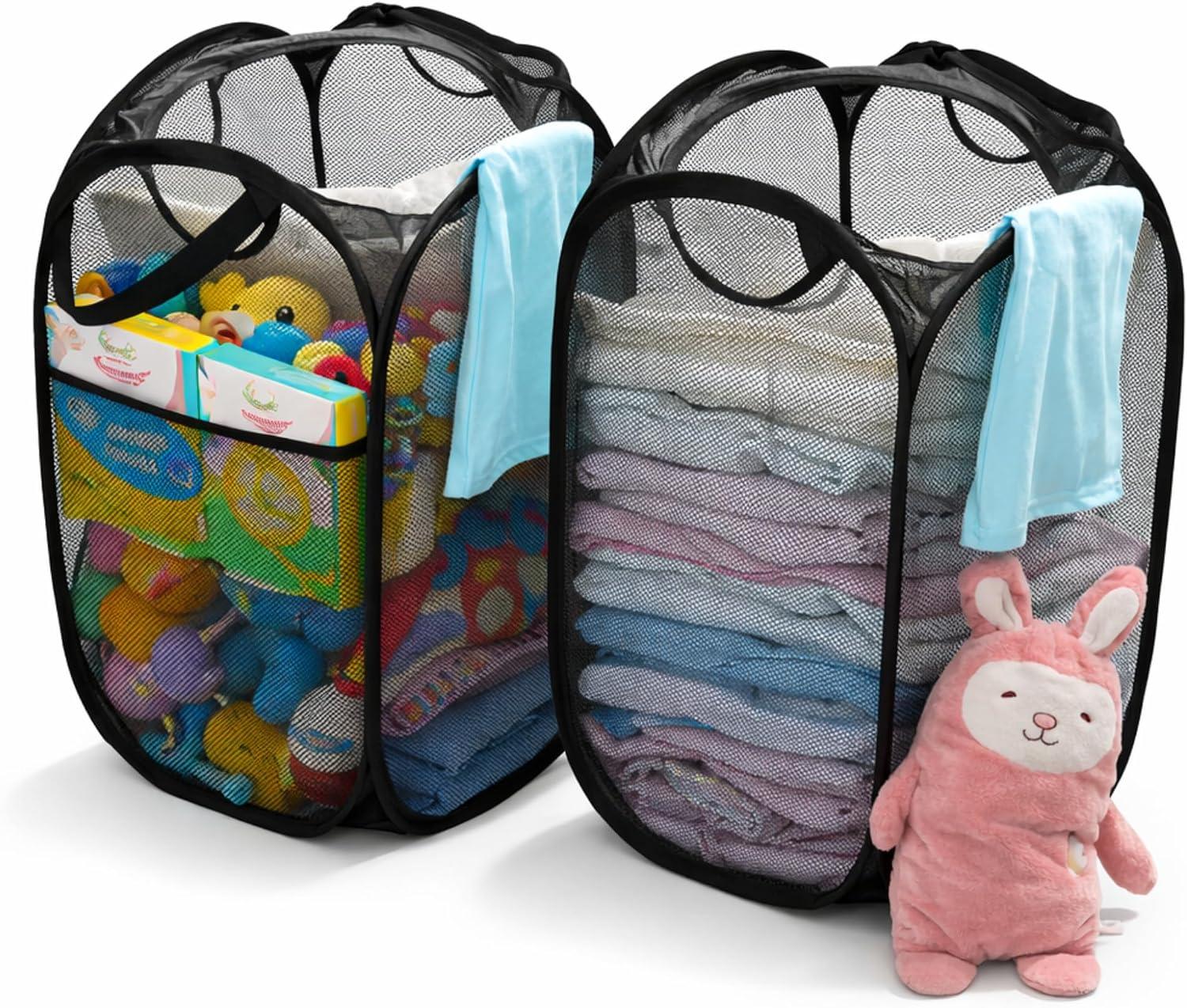 Cesto Organizador Infantil Dobrável 56cm, Multiuso para Brinquedos e Roupa Suja, Tela Respirável, Estrutura Leve, Kit com 2 Unidades (PRETO)