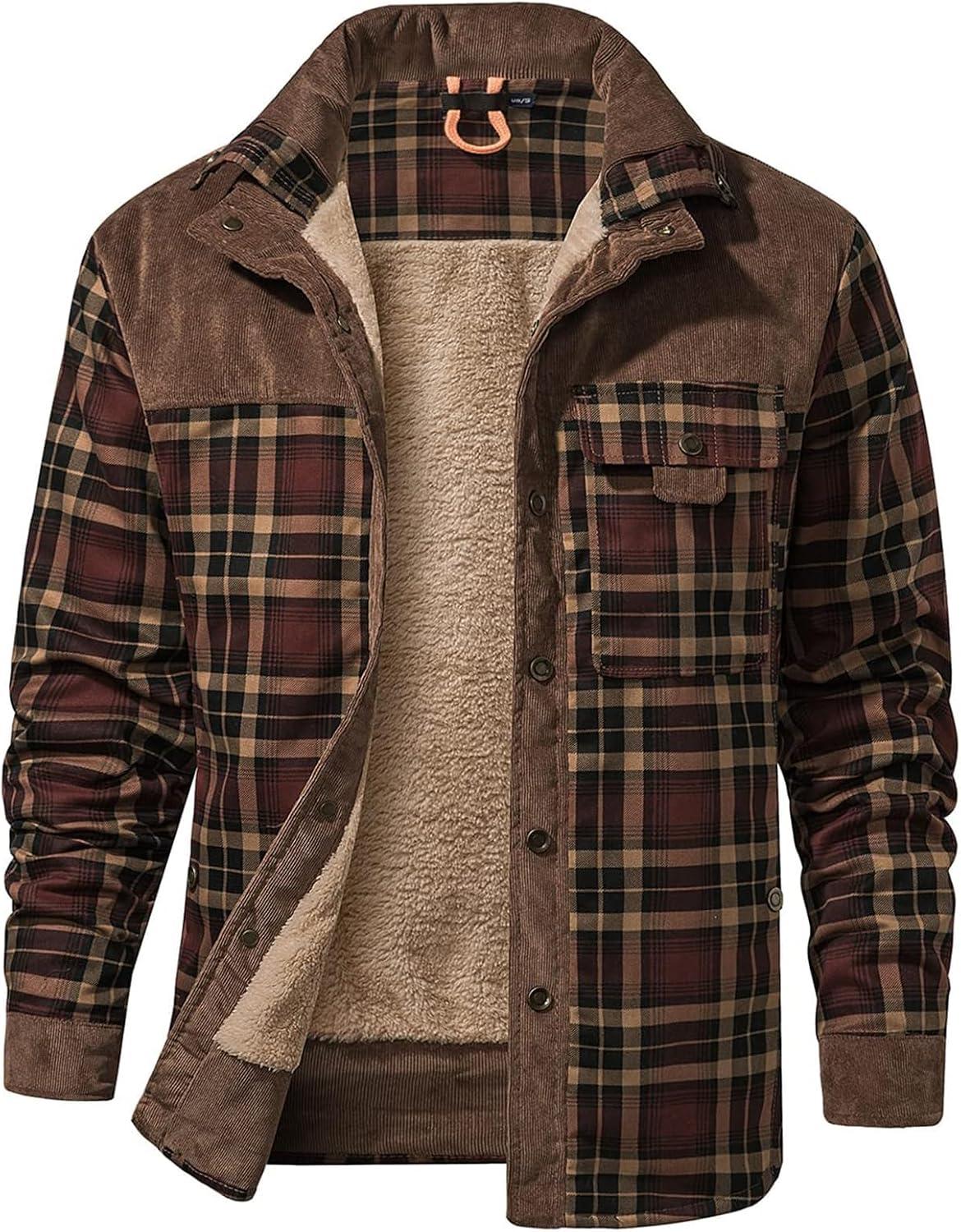 Gihuo Camisa masculina de manga comprida forrada de lã de ovelha quente para uso ao ar livre, casaco xadrez de flanela com botões