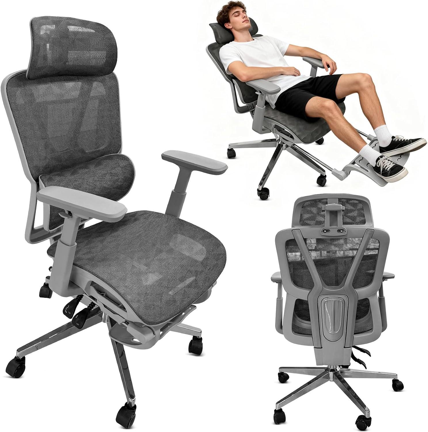 Cadeira de Escritório com Descanso para os Pés, Cadeira Ergonômica com Encosto de Cabeça 3D, Cadeira Gamer com Encosto Ajustável e Apoio de Braço 4D, Cadeira Mesh, Cinza Textura triangular