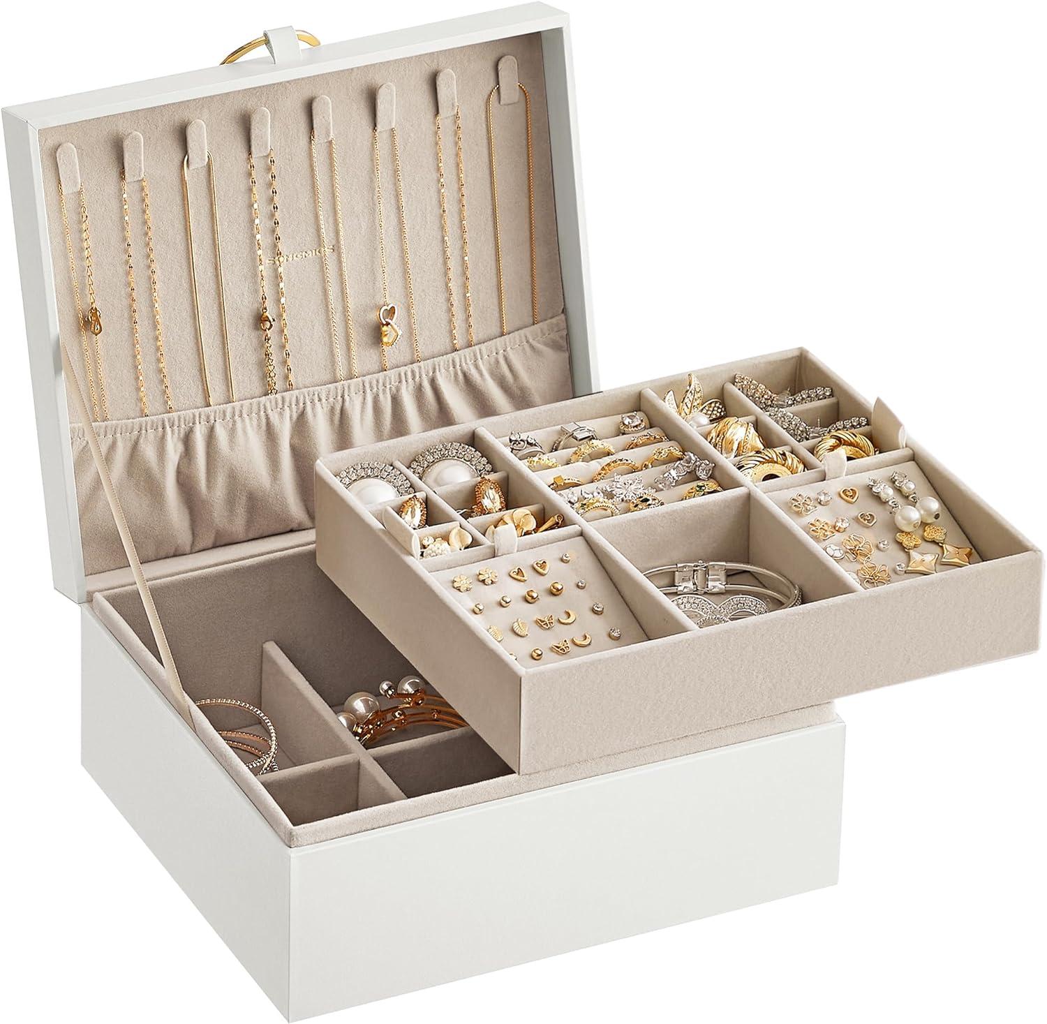 SONGMICS Porta-joias de 2 Camadas, Organizador de Joias com Alça, Bandeja Removível, Armazenamento de Joias, Efeito Flutuante, 20,5 x 24 x 11 cm, Ideia de Presente, Branco BRJBC165W01
