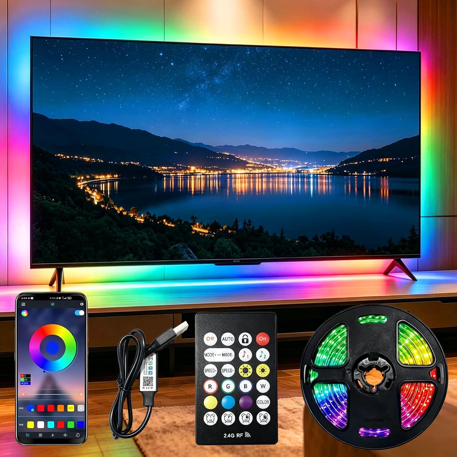 Fita LED 5050 Rgb 5 Metros Inteligente com Controle Remoto e Entrada USB, 16 Modos de Cor, 30 Leds Multicolorido, Adesiva, LED para Decoração Quarto, Salas de TV, Bares, Festa, Teto