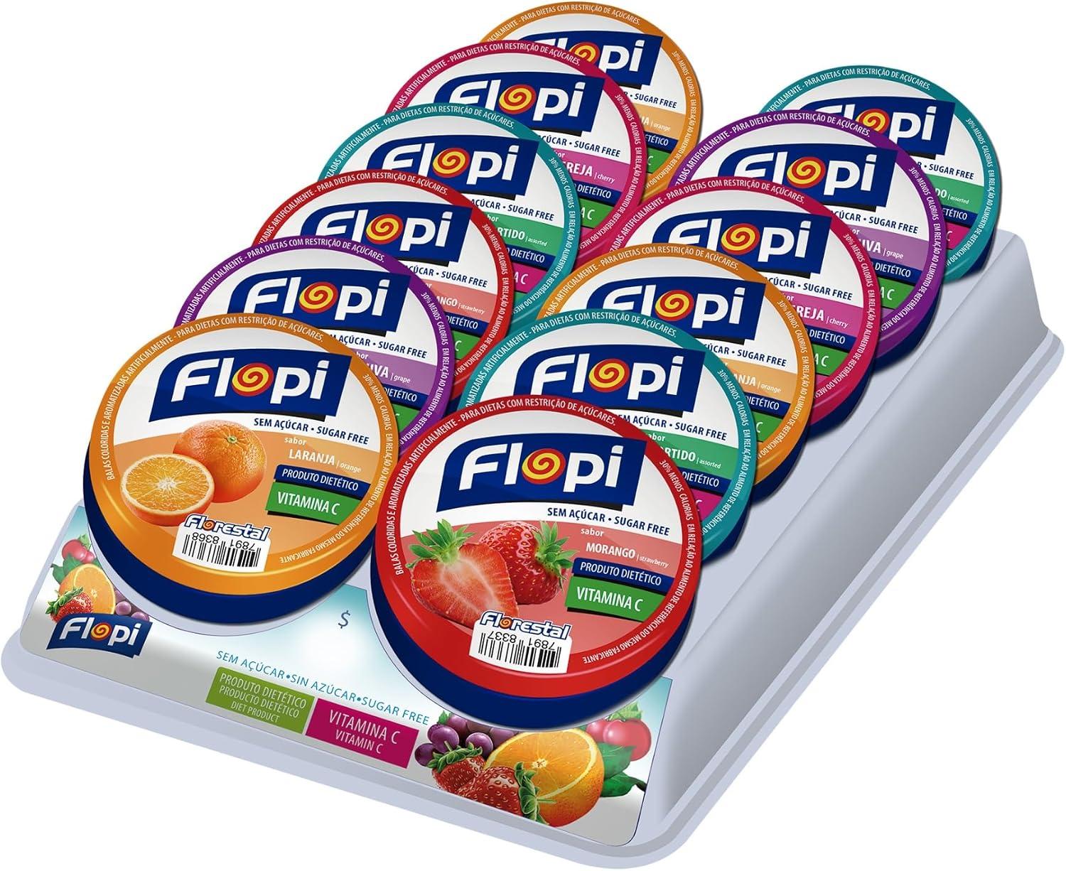 Bala Flopi Latinha Zero Açúcar Florestal contendo 12 latinhas de sabores sortidos