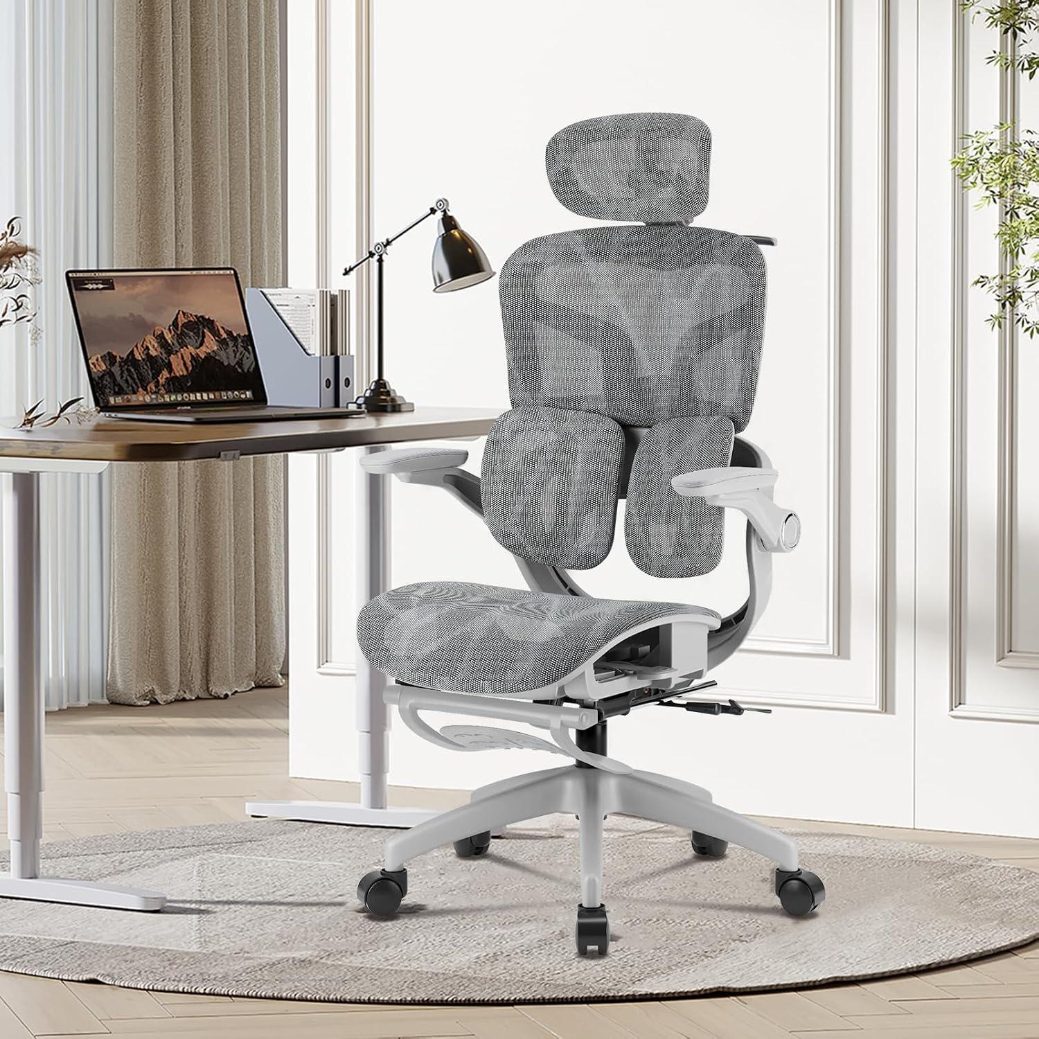 Cadeira de Escritório Ergonômica Testada conforme NR-17, Duplo Apoio Lombar, Assento Deslizante com Ajuste de Profundidade 5cm, Apoio para Pés Retrátil, Reclinável até 135° para Home Office(Cinza)