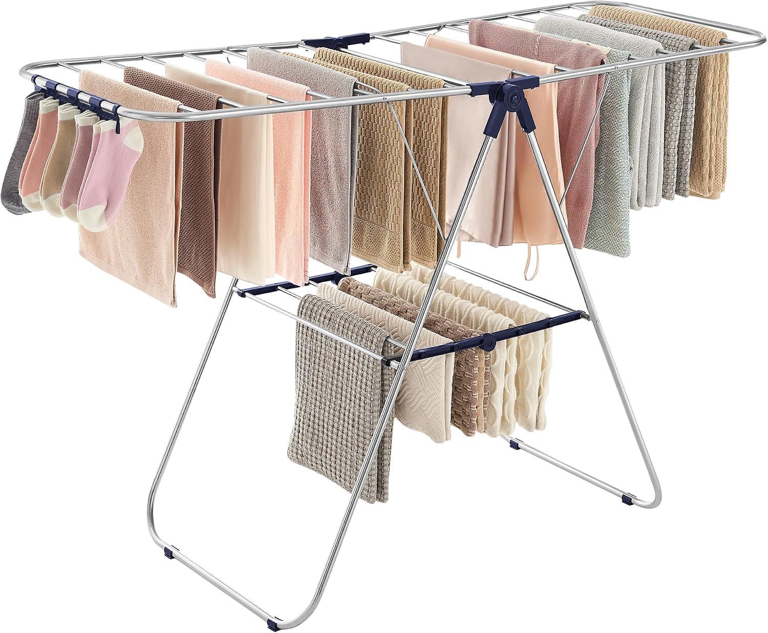 SONGMICS Varal de Roupas, Suporte de Secagem, Estendal Independente para Uso Interno, 55 x 148 x 100 cm, Prata e Azul BRLR52BU