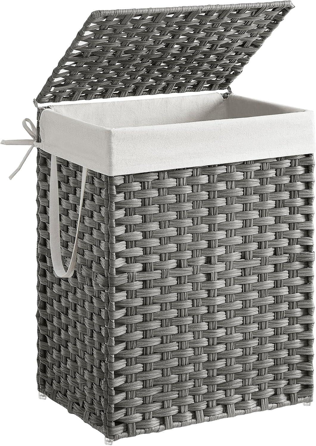 SONGMICS Cesto de Roupa Suja de Vime Sintético, com Tampa e Saco Removível, 90 L, 46 x 33 x 61 cm, Dobrável para Banheiro e Lavanderia, Cinza, Coleção ELIOTT BRLCB051G01V1